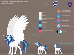 Size: 2048x1536 | Tagged: safe, alternate version, artist:nsfwbonbon, shining armor, alicorn, pony, unicorn, g4, alicornified, alternate cutie mark, color palette, gleaming shield, large wings, prince shining armor, princess gleaming shield, race swap, reference sheet, rule 63, shiningcorn, size difference, spread wings, wings
