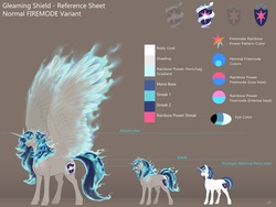 Size: 2048x1536 | Tagged: safe, alternate version, artist:nsfwbonbon, shining armor, alicorn, pony, unicorn, g4, alicornified, alternate cutie mark, color palette, fire, fire mode, gleaming shield, large wings, prince shining armor, princess gleaming shield, race swap, reference sheet, rule 63, shiningcorn, size difference, spread wings, wings