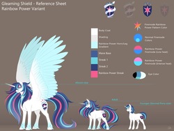 Size: 2048x1536 | Tagged: safe, alternate version, artist:nsfwbonbon, shining armor, alicorn, pony, unicorn, g4, alicornified, alternate cutie mark, color palette, gleaming shield, large wings, prince shining armor, princess gleaming shield, race swap, rainbow power, rainbow power-ified, reference sheet, rule 63, shiningcorn, size difference, spread wings, unshorn fetlocks, wings