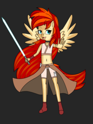 Size: 3024x4032 | Tagged: safe, artist:blossomblaze, oc, oc:blossomblaze, pegasus, anthro, belly button, blue eyes, girly, jedi, lightsaber, long hair, long tail, star wars, weapon