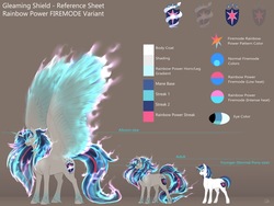 Size: 2048x1536 | Tagged: safe, alternate version, artist:nsfwbonbon, shining armor, alicorn, pony, unicorn, g4, alicornified, alternate cutie mark, color palette, fire, fire mode, gleaming shield, large wings, prince shining armor, princess gleaming shield, race swap, rainbow power, rainbow power-ified, reference sheet, rule 63, shiningcorn, size difference, spread wings, unshorn fetlocks, wings