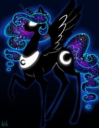 Size: 700x900 | Tagged: safe, artist:dragonfruitdarigan, princess luna, alicorn, pony, g4, cutie mark, ethereal mane, female, galaxy mane, glowing, glowing horn, gradient background, horn, mare, missing accessory, peytral, raised hoof, redraw, solo, spread wings, starry mane, stylized, wings