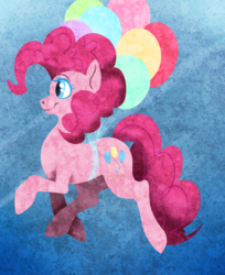 Size: 675x829 | Tagged: safe, artist:dragonfruitdarigan, part of a set, pinkie pie, earth pony, pony, g4, abstract background, balloon, female, floating, mare, raised hoof, smiling, solo, then watch her balloons lift her up to the sky