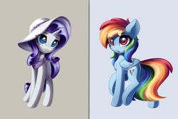Size: 1024x683 | Tagged: dead source, safe, artist:ifmsoul, rainbow dash, rarity, pegasus, pony, unicorn, g4, duo, female, hat, looking at you, mare, raised hoof