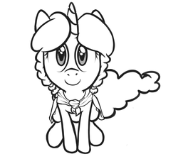 Size: 862x774 | Tagged: artist needed, safe, oc, oc only, oc:marker pony, pony, unicorn, /mlp/, 4chan, cape, clothes, cute, female, looking at you, mare, mlpg, monochrome, simple background, sitting, solo, white background