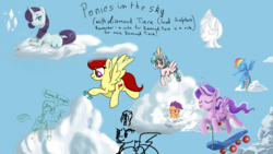 Size: 1920x1080 | Tagged: artist needed, safe, artist:artemisplum, artist:huffylime, artist:laptopdj, cozy glow, diamond tiara, rainbow dash, rarity, scootaloo, oc, alicorn, pegasus, pony, g4, alicornified, cloud, cutie mark, day, diamond, drawpile disasters, floppy ears, flying, head, laughing, looking back, on a cloud, pegasus oc, race swap, sad, scooter, sky, tongue out, wings