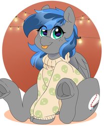 Size: 847x1024 | Tagged: safe, artist:littlebibbo, oc, oc only, oc:bibbo, pegasus, pony, clothes, eye clipping through hair, female, freckles, frog (hoof), hoofbutt, lights, looking at you, mare, sitting, smiling, solo, sweater, tongue out, underhoof