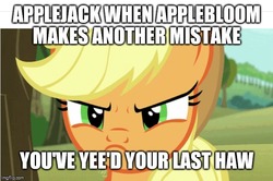 Size: 660x438 | Tagged: safe, applejack, pony, g4, angry, complex background, female, implied apple bloom, solo, text