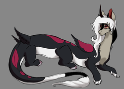 Size: 1280x914 | Tagged: safe, artist:dragonfruitdarigan, oc, oc only, oc:eris, draconequus, draconequus oc, extra legs, female, gray background, interspecies offspring, lidded eyes, magical gay spawn, offspring, parent:discord, parent:lord tirek, parents:tirekcord, prone, simple background, solo