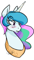 Size: 240x420 | Tagged: safe, artist:dragonfruitdarigan, edit, princess celestia, pony, g4, blushing, bust, cropped, ethereal mane, eyebrows, eyebrows visible through hair, female, mare, missing accessory, peytral, pixel art, raised eyebrow, simple background, solo, transparent background