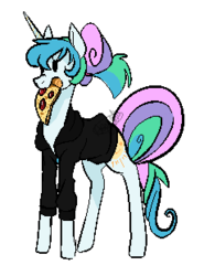 Size: 230x310 | Tagged: safe, artist:dragonfruitdarigan, edit, princess celestia, alicorn, pony, g4, alternate hairstyle, clothes, cropped, dot eyes, female, food, hair bun, jacket, mare, meat, missing accessory, mouth hold, pepperoni, pepperoni pizza, pixel art, pizza, simple background, solo, tail bun, transparent background