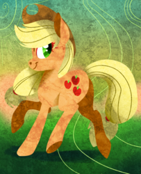 Size: 650x800 | Tagged: safe, artist:dragonfruitdarigan, part of a set, applejack, earth pony, pony, g4, abstract background, cutie mark, female, looking back, mare, raised hoof, redraw, smiling, solo