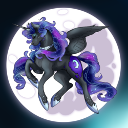 Size: 950x950 | Tagged: safe, artist:dragonfruitdarigan, nightmare moon, alicorn, pony, tumblr:ask queen moon, g4, beauty mark, crying, cutie mark, ethereal mane, eyes closed, female, flying, horn, horn jewelry, jewelry, mare, mare in the moon, moon, regalia, solo, spread wings, starry mane, wings