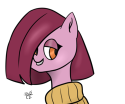 Size: 2400x2000 | Tagged: safe, artist:toricelli, oc, oc only, oc:auburn, earth pony, pony, clothes, high res, looking back, simple background, smiling, soft shading, solo, sweater, transparent background, turtleneck, watermark