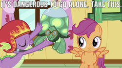 Size: 634x355 | Tagged: safe, edit, edited screencap, editor:undeadponysoldier, screencap, scootaloo, spike, tank, dragon, pegasus, pony, tortoise, g4, just for sidekicks, caption, clubhouse, crusaders clubhouse, female, filly, helmet, image macro, it's dangerous to go alone take this, male, meme, raised hoof, reference, text, the legend of zelda