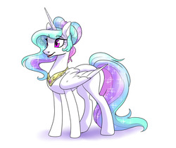 Size: 1280x1080 | Tagged: safe, artist:dragonfruitdarigan, princess celestia, alicorn, pony, g4, alternate hairstyle, ethereal mane, eyebrows, eyebrows visible through hair, female, hair bun, mare, missing accessory, open mouth, peytral, simple background, smiling, solo, starry mane, white background