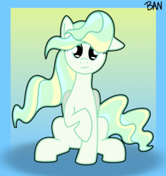 Size: 1510x1609 | Tagged: safe, artist:banquo0, vapor trail, pegasus, pony, g4, female, gradient background, looking at you, mare, raised hoof, signature, sitting, smiling, solo