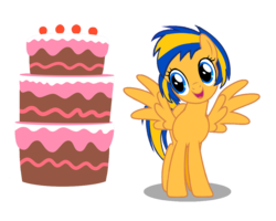 Size: 1000x799 | Tagged: safe, artist:mlpfan3991, oc, oc only, oc:flare spark, pegasus, pony, g4, cake, food, happy birthday, simple background, solo, transparent background
