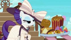Size: 500x281 | Tagged: safe, screencap, pinkie pie, rarity, g4, ppov, candy, caramel apple (food), clothes, cookie, cupcake, discovery family logo, eyeshadow, food, gif, lollipop, makeup, non-animated gif, offscreen character, peanuts, raristocrat, rarity looking at food, rose dewitt bukater, solo focus, titanic