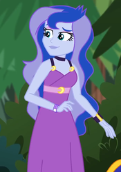 Size: 694x990 | Tagged: safe, screencap, princess luna, vice principal luna, equestria girls, g4, my little pony equestria girls: choose your own ending, the road less scheduled, the road less scheduled: celestia, bracelet, clothes, cropped, dress, female, jewelry, outdoors, sleeveless, solo focus