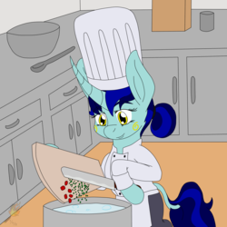 Size: 2200x2200 | Tagged: safe, artist:midnightfire1222, oc, oc only, oc:sky, pony, unicorn, chef, commission, cooking, high res, kitchen, solo