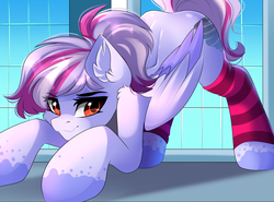 Size: 3365x2495 | Tagged: safe, artist:airiniblock, oc, oc only, oc:windbreaker, pegasus, pony, rcf community, city, commission, cutie mark, face down ass up, female, giant pony, high res, leg warmers, macro, mare, pounce, smiling, solo