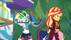 Size: 1920x1080 | Tagged: safe, screencap, applejack, fluttershy, rainbow dash, sci-twi, sunset shimmer, twilight sparkle, equestria girls, equestria girls series, g4, sunset's backstage pass!, spoiler:eqg series (season 2), clothes, female, geode of empathy, imminent spanking, jacket, magical geodes, outdoors, paddle, rainbow dash's paddle, rv, shorts, visor