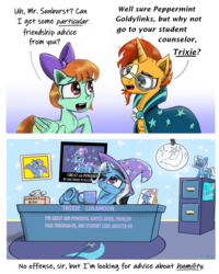Size: 2000x2505 | Tagged: safe, artist:chopsticks, peppermint goldylinks, sunburst, trixie, pegasus, pony, unicorn, a horse shoe-in, g4, background pony, bow, cape, cheek fluff, clothes, comic, crossed legs, cutie mark, demotivational poster, desk, dialogue, didn't think this through, ear fluff, female, friendship student, glasses, great and powerful, hair bow, hat, high res, hoof fluff, male, mare, meme, narcissism, photo, plushie, self plushidox, smug, stallion, text, trixie being trixie, trixie plushie, trixie's cape, trixie's hat, underhoof