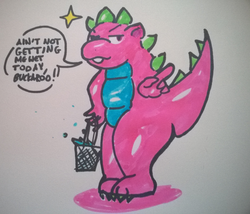 Size: 2499x2144 | Tagged: safe, artist:sushiki-san, spike (g1), dragon, g1, bucket of water, commission, dialogue, high res, holding, looking at you, male, shiny, speech bubble