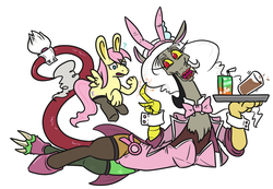 Size: 1097x761 | Tagged: safe, artist:jargon scott, discord, fluttershy, draconequus, rabbit, g4, bunnified, bunny suit, bunnyscotch, bunnyshy, butterscotch, chocolate, chocolate milk, clothes, eris, juice, juice box, lipstick, milk, playboy bunny, question mark, rule 63, species swap, tray