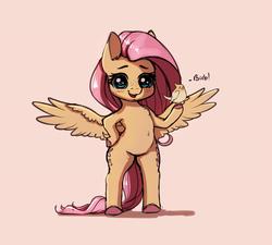 Size: 2000x1800 | Tagged: safe, artist:miokomata, fluttershy, bird, pegasus, pony, g4, belly button, bipedal, birb, blushing, captain obvious, colored hooves, cute, cute little fangs, dialogue, fangs, female, freckles, hoof on hip, mare, open mouth, simple background, solo, spread wings, wings