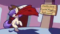 Size: 1920x1080 | Tagged: safe, artist:jennithedragon, oc, oc only, oc:ellowee, earth pony, pony, legends of equestria, building, cloth, cowboy hat, feather, hat, sign, text, unveiling