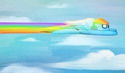 Size: 1024x598 | Tagged: safe, artist:fortes-feather, rainbow dash, pegasus, pony, g4, cloud, female, flying, goggles, rainbow, sky, solo