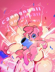 Size: 1400x1800 | Tagged: dead source, safe, artist:poneko-chan, pinkie pie, earth pony, pony, g4, blue eyes, confetti, explosion, female, globe, mare, party cannon, pink background, solo
