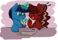 Size: 1079x741 | Tagged: safe, artist:cadetredshirt, oc, oc only, oc:arioso, oc:cadetpone, earth pony, pony, unicorn, colored pupils, ear fluff, eating, eyes closed, food, glasses, laughing, looking at each other, magic, oc x oc, shipping, simple background, smiling, sushi, two toned mane