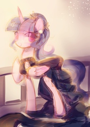 Size: 2480x3508 | Tagged: safe, artist:tingsan, twilight sparkle, alicorn, pony, g4, alternate hairstyle, balcony, black dress, clothes, cute, dress, elegant, fancy, gala dress, high res, jewelry, pearl, smiling, solo, twiabetes, twilight sparkle (alicorn)
