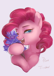 Size: 1736x2456 | Tagged: safe, artist:tingsan, pinkie pie, earth pony, pony, g4, blue eyes, bust, colored pupils, female, flower, gray background, one eye closed, open mouth, portrait, simple background, smiling, solo