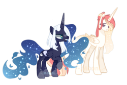 Size: 1280x860 | Tagged: safe, artist:xxcutecookieswirlsxx, princess celestia, princess luna, alicorn, pony, g4, alternate design, base used, clothes, coat markings, colored horn, colored wings, colored wingtips, constellation, constellation hair, duo, ethereal hair, ethereal mane, ethereal tail, facial markings, female, folded wings, frown, hair bun, horn, mare, multicolored horn, raised hoof, royal sisters, siblings, simple background, sisters, socks, sparkly mane, sparkly tail, standing, star (coat marking), starry mane, starry tail, tail, transparent background, white-haired luna, wings