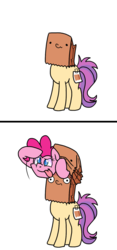 Size: 700x1500 | Tagged: safe, artist:paperbagpony, pinkie pie, oc, oc:paper bag, earth pony, pony, g4, comic, fake cutie mark, female, funny, pinkie being pinkie, pinkie physics, simple background, tongue out, white background, wut face