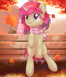 Size: 1799x2093 | Tagged: safe, artist:wavecipher, derpibooru exclusive, oc, oc only, oc:spicy flavor, pony, unicorn, autumn, bench, clothes, cottagecore, cute, ear piercing, leaves, piercing, scarf, solo, ych result