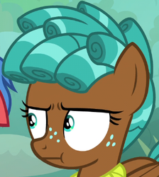 Size: 317x354 | Tagged: safe, screencap, biscuit, spur, earth pony, pegasus, pony, g4, growing up is hard to do, season 9, :i, clothes, cropped, curly mane, duo, duo male and female, faic, female, female focus, filly, floppy ears, folded wings, freckles, i mean i see, male, offscreen character, offscreen male, scarf, smug, solo, solo focus, teenager, wings