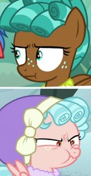 Size: 831x1612 | Tagged: safe, screencap, cozy glow, spur, pony, frenemies (episode), g4, growing up is hard to do, comparison, cozy glow is best facemaker, cozy glow is not amused, cozy spur, cozybetes, cropped, cute, faic, foal, implied siblings, scrunch battle, scrunchy face, similarities, spurbetes