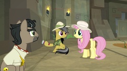 Size: 1920x1080 | Tagged: safe, screencap, daring do, doctor caballeron, fluttershy, earth pony, pegasus, pony, daring doubt, g4, dexterous hooves, female, flashlight (object), hat, lantern, male, mare, prone, stallion, truth talisman