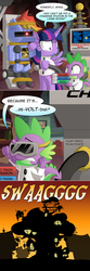 Size: 800x2404 | Tagged: safe, artist:berrypawnch, spike, twilight sparkle, alicorn, dragon, pony, robot, .mov, ask pun, g4, ask, book, comic, goggles, golden oaks library, pun, r-dash 5000, rainbot dash, silhouette, twilight sparkle (alicorn), twilight's lab