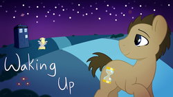 Size: 3840x2160 | Tagged: safe, artist:flaminbunny, derpy hooves, doctor whooves, time turner, earth pony, pegasus, pony, g4, cover art, doctor who, duo, female, high res, male, mare, metajoker, night, night sky, sky, stallion, starry night, tardis, the doctor