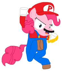 Size: 757x864 | Tagged: safe, artist:logan jones, pinkie pie, earth pony, pony, g4, angry, clothes, cosplay, costume, crossover shipping, fake moustache, female, fire, hat, let's-a go!, male, mario, mariopie, ready to fight, shipping, simple background, straight, super mario bros., super smash bros., super smash bros. ultimate, transparent background