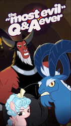 Size: 720x1280 | Tagged: safe, screencap, cozy glow, grogar, lord tirek, centaur, sheep, taur, the most evil q&a ever, g4, official, season 9, antagonist, female, filly, foal, looking at you, male, ram, trio