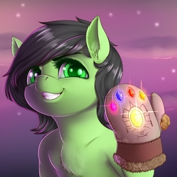Size: 860x860 | Tagged: safe, artist:dankflank, oc, oc:filly anon, earth pony, pony, semi-anthro, avengers, bust, chest fluff, crystal, face, female, filly, grin, infinity gauntlet, magic, meme, mittens, omnipotence, portrait, smiling, solo, thanos, xk-class end-of-the-world scenario
