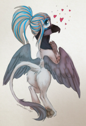 Size: 700x1028 | Tagged: safe, artist:lonerdemiurge_nail, oc, oc only, oc:rio azura, griffon, butt, commission, explicit source, female, griffon oc, heart, looking at you, looking back, looking back at you, paw pads, paws, plot, ponytail, solo, underpaw