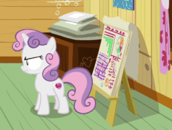 Size: 700x527 | Tagged: safe, screencap, sweetie belle, pony, unicorn, g4, growing up is hard to do, angry, animated, bucking, cropped, cutie mark, cutie mark crusaders, female, filly, gif, horses doing horse things, kicking, solo, sweetie belle is not amused, the cmc's cutie marks, unamused